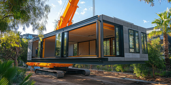 A modern modular home, a smart home with a modern design and built-in furniture, combining sustainability and efficiency in residential architecture