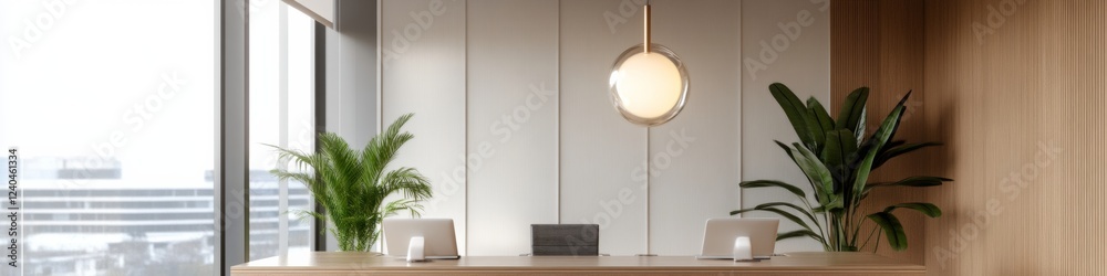 Aufkleber minimalist workspace with organic elements wooden desk, panoramic window views and modern planters -