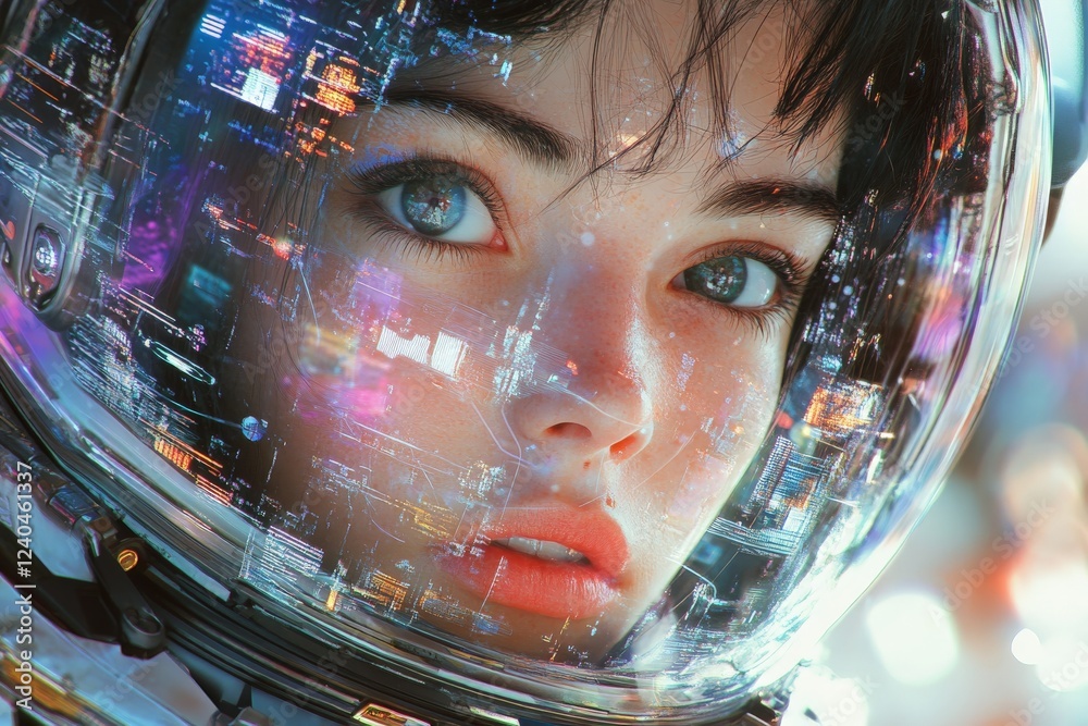 Aufkleber astronaut gazes at a futuristic cityscape through a high-tech helmet in a vibrant cosmic setting