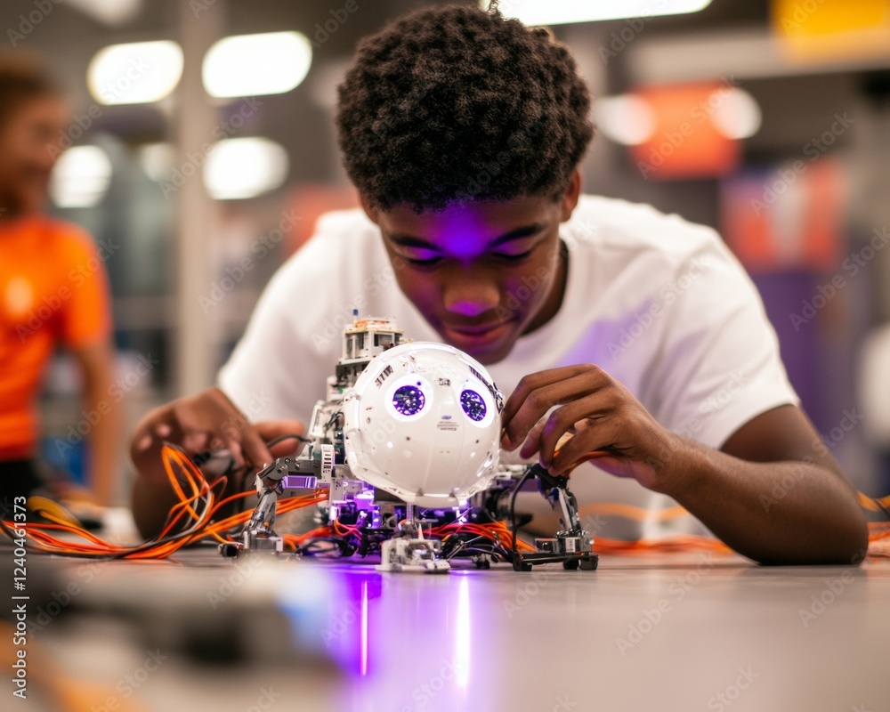 Aufkleber futuristic stem workshop diverse teens with autonomous wheel robot in high-tech maker space - creati