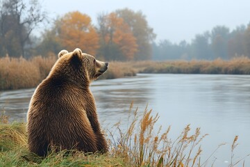 Obraz premium Contemplative Brown Bear by Tranquil Autumn River for Nature and Wildlife Photography