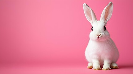Obraz premium A fluffy white rabbit sitting against a vibrant pink backdrop, exuding charm and playfulness, perfect for spring themes and Easter celebrations.