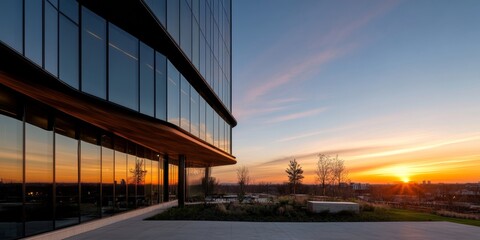 Obraz premium Sleek Urban Architecture Glass and Steel Geometric Facade of a Commercial Building - Corporate Real Estate Design, Professional Spaces for Modern Business Innovation