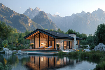 Obraz premium A modern modular smart home with a contemporary design that combines sustainability and efficiency in residential architecture set against a beautiful natural backdrop.