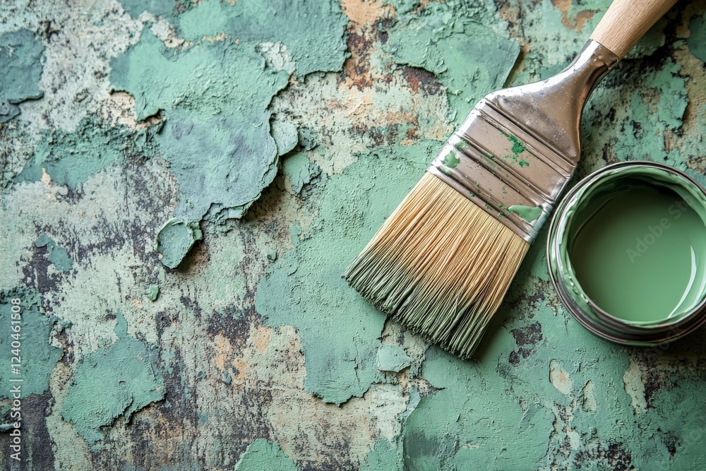 Aufkleber soft green paintbrush and can resting on a textured, chipping surface ready for creative projects in