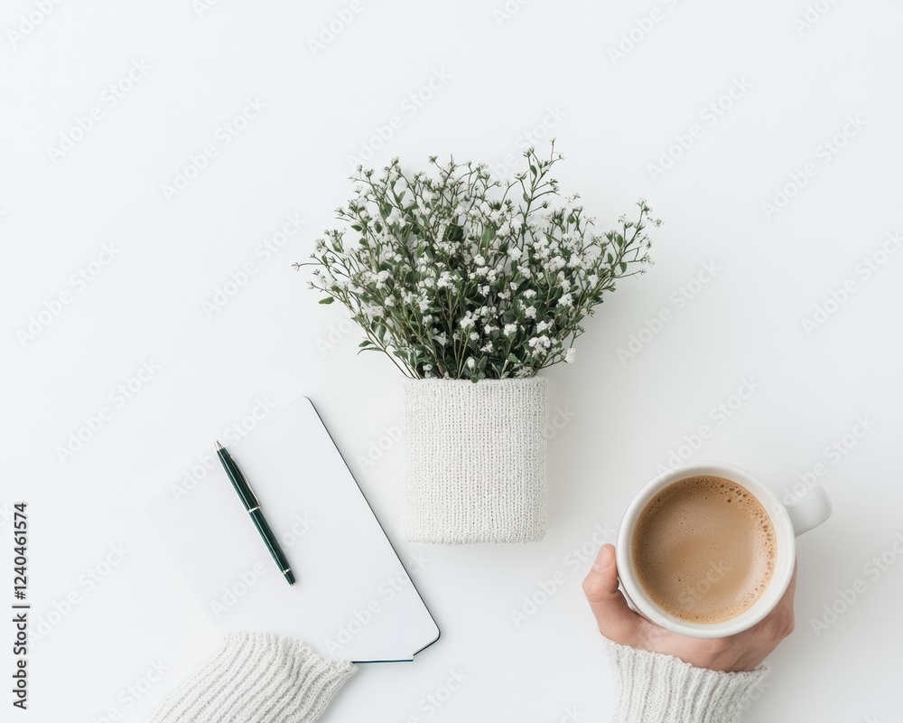 Poster Minimalist Micro-Learning Setup Cozy White Notebook and Pen with Coffee on Desk - Boosting Business Innovation and Skill Development in Modern Workspaces