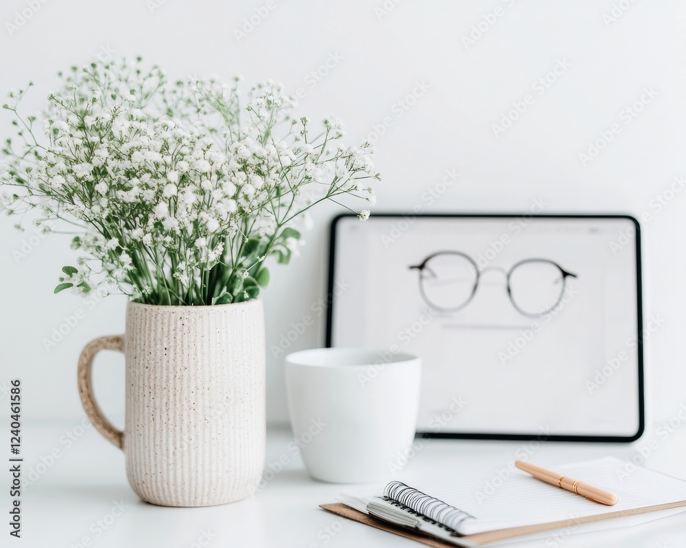 Poster minimalist workspace design ceramic mug with blossoms and digital tablet displaying study material -