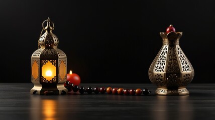 Muslim lamp, dates and prayer beads on table background.