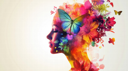 colorful abstract representation of mind in harmony, featuring vibrant flowers and butterflies, symbolizing creativity and tranquility