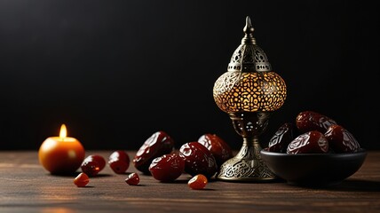 Muslim lamp, dates and prayer beads on table background.