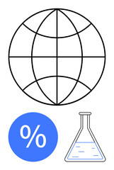 Global sphere representing connectivity, blue percentage icon, laboratory flask with blue liquid. Ideal for themes of global research, analytics, science, technology, statistics, education