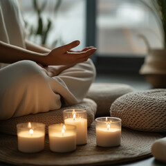 A person meditating in a peaceful setting with candles, symbolizing mindfulness, relaxation, inner balance, and emotional healing through meditation and self-care  
