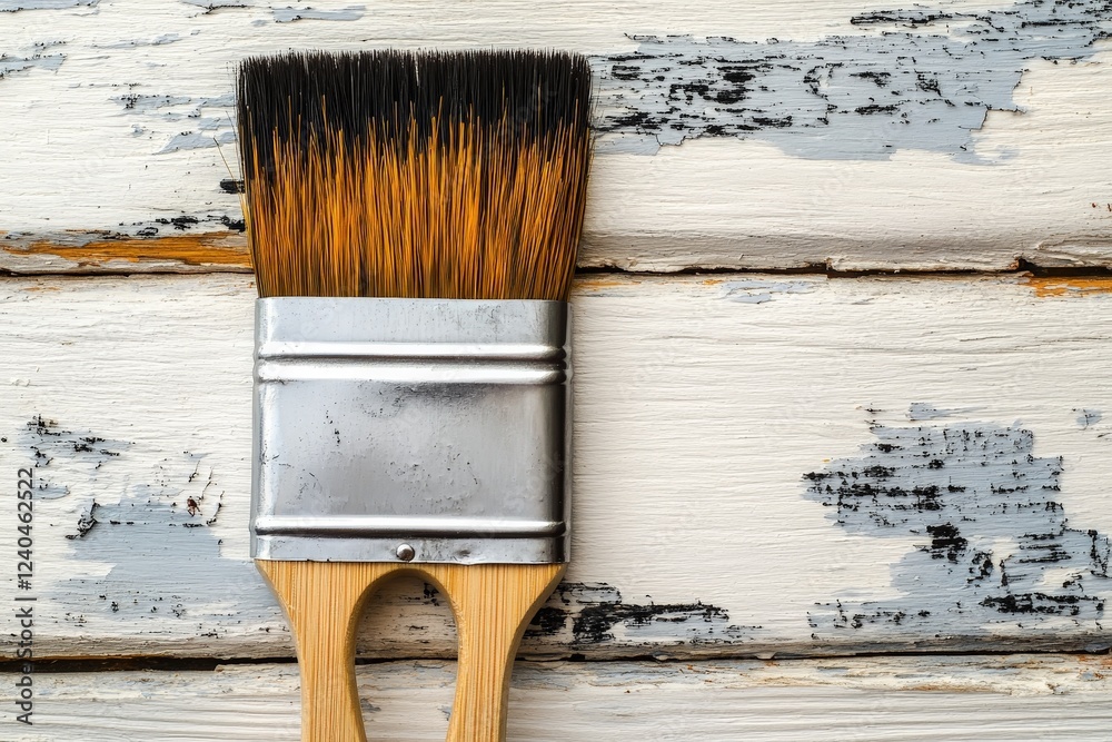 Poster brush with bristles resting on aged wooden surface, showcasing rustic texture and wear from years of