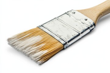 Brush used for painting with a wooden handle and metal ferrule on a white background