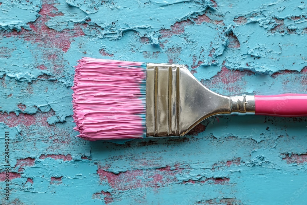 Poster creative painting with a pink brush on textured blue background for artistic expression and diy proj
