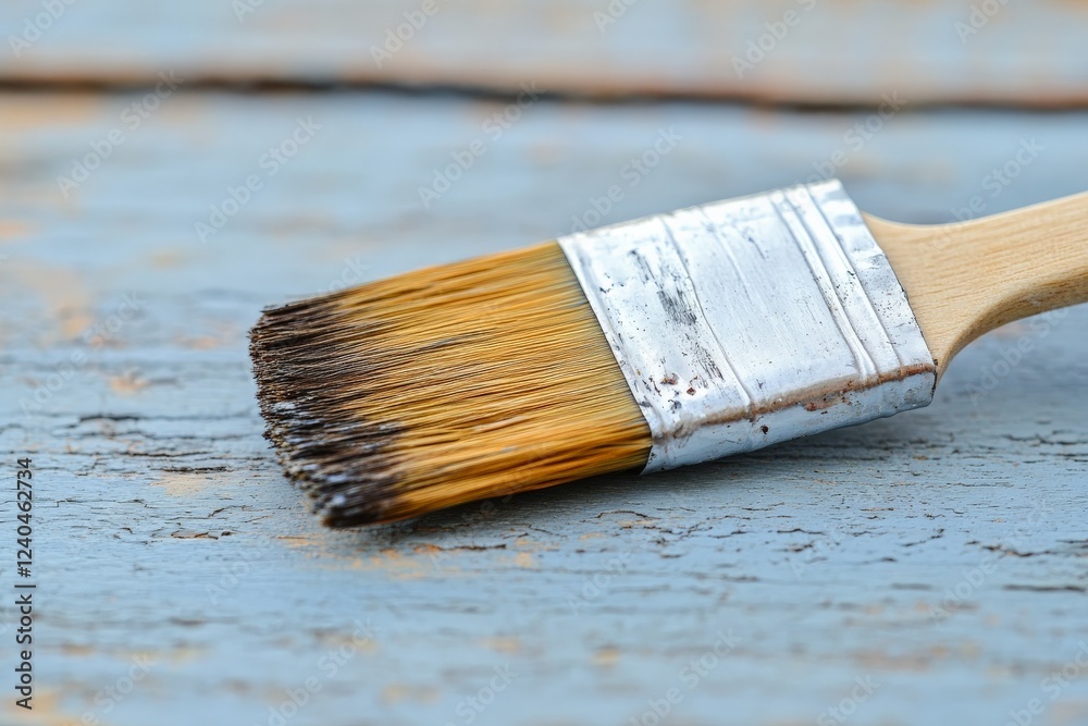 Aufkleber Brush resting on weathered blue paint surface with a rustic appearance, showing signs of use and artistic expression