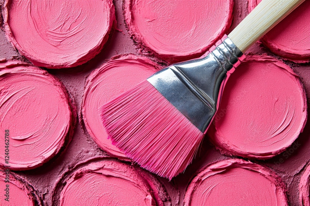 Aufkleber creative painting activity with pink paint and brush on circular color samples in a workshop setting