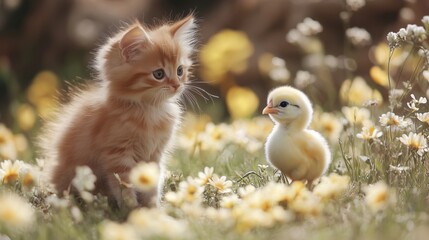 A fluffy orange kitten curiously gazes at a small yellow chick amidst a field of vibrant flowers, capturing a moment of innocence and friendship.
