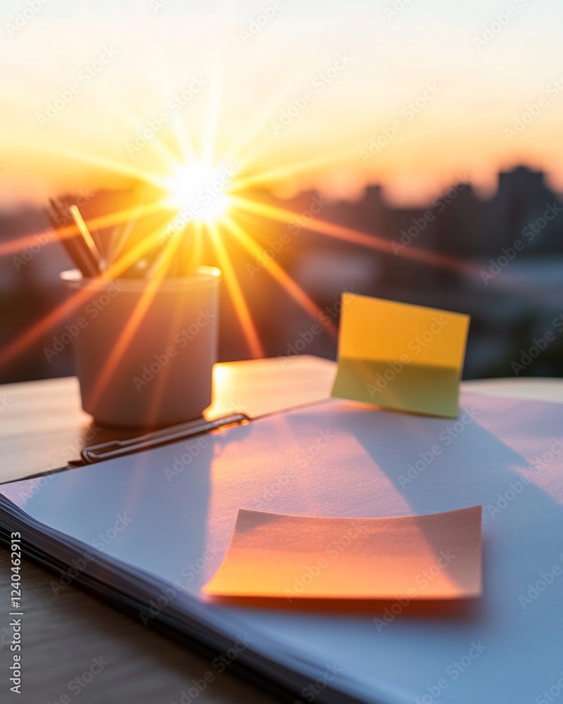 Poster sunset-inspired creative workspace vibrant sticky note graph on desk for innovative planning - busin