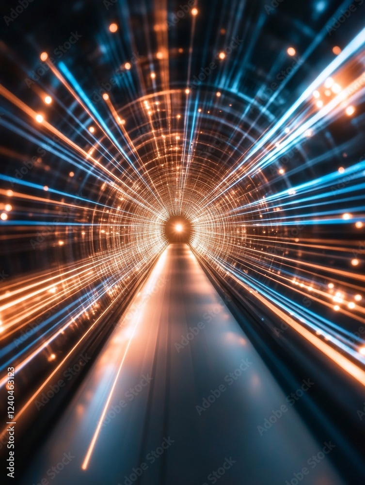 Aufkleber Futuristic Data Tunnel Visualization Neon Grid with Dynamic Light Trails and Metallic Textures - Cutting-Edge Tech Content and Cybersecurity Infrastructure Innovation