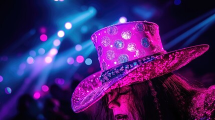 A close-up of a person wearing a sparkling pink hat, immersed in a lively atmosphere with colorful lights, capturing the essence of celebration and joy.