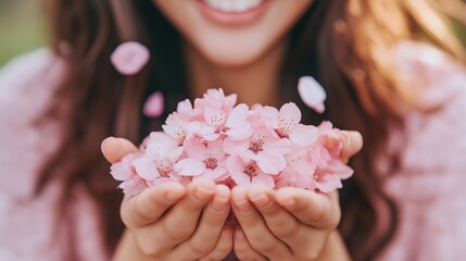 A joyful woman cradling delicate cherry blossom petals, symbolizing beauty, renewal, and the joy of spring.
