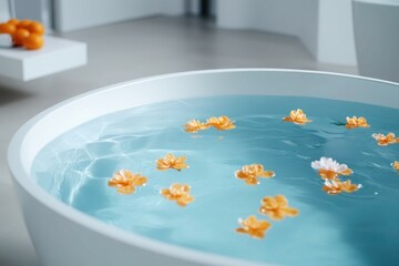 A serene bathtub filled with rich blue water and floating orange blossoms, set against an all-white modern bathroom.