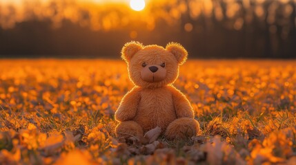 Fototapeta premium A cute teddy bear sitting in a field of golden autumn leaves, illuminated by a warm sunset, evoking feelings of nostalgia and comfort.