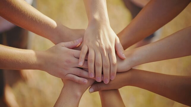 Hands of diverse team members stacked together in a circle, symbolizing unity and teamwork