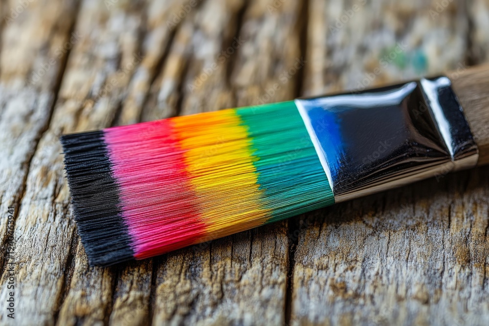Poster brush with vibrant colors resting on rustic wooden surface showing artistry and creativity in painti