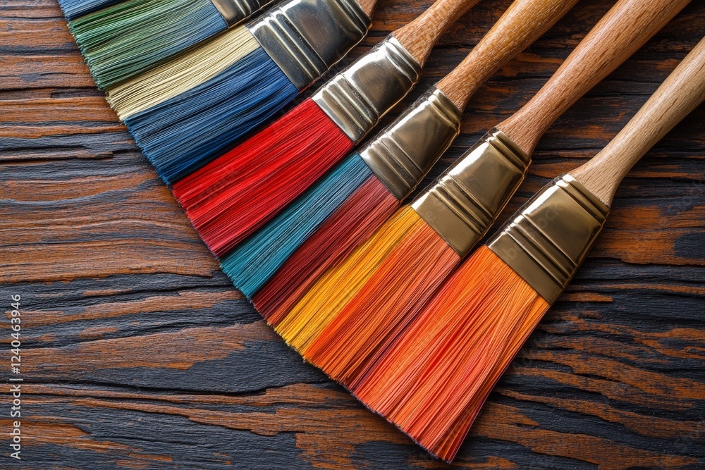 Aufkleber brushes with vibrant colors arranged on a wooden surface for painting projects at a creative workspa