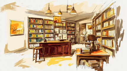 Naklejka premium cozy library interior featuring wooden bookshelves filled with books, wooden desk, and warm lighting. hand drawn style adds charming and inviting atmosphere to space