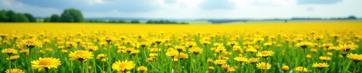 Obraz premium Field of golden chamomile flowers stretching far and wide, natural, chamomile, grass