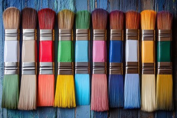 Fototapeta premium Colorful paintbrushes arranged neatly on a wooden surface showcasing a vibrant palette of hues