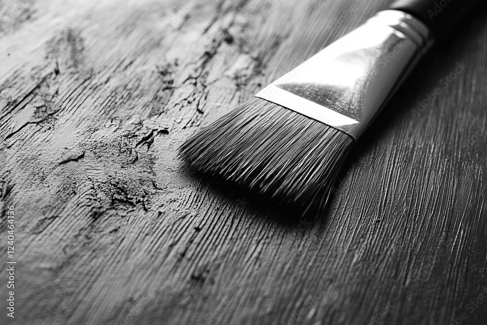 Poster brush applying paint onto a textured surface in a monochrome art setting during creative work hours