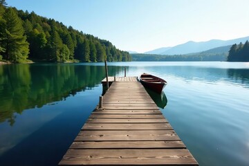 A small wooden dock extends into the lake's calm water, scenery, boat, forest