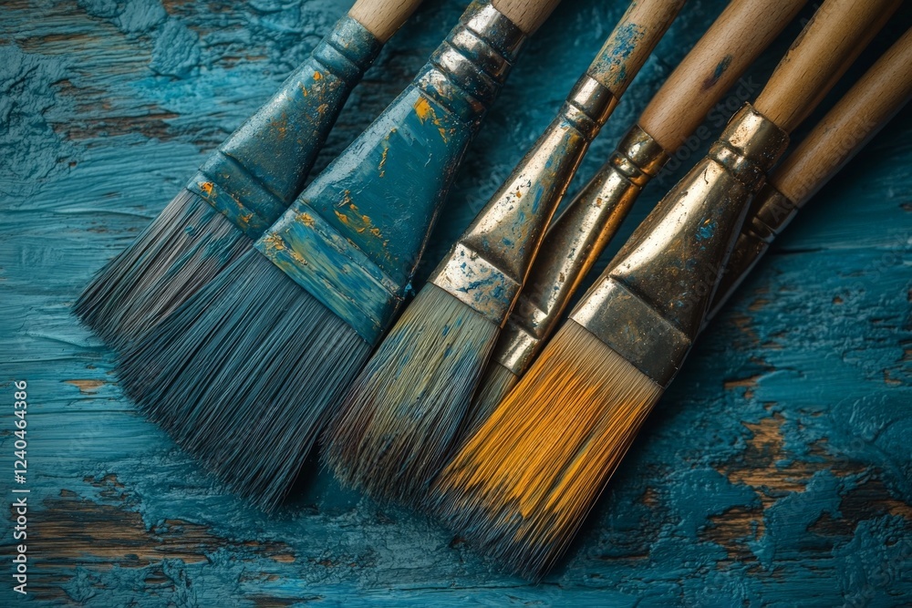 Poster old paintbrushes arranged on a textured turquoise background highlight creative restoration work