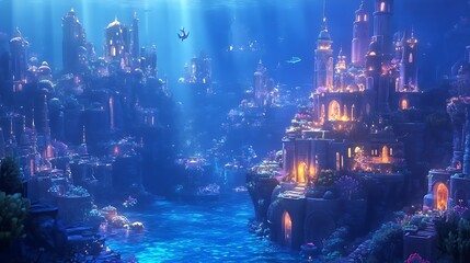 Obraz premium An underwater city with glowing windows and a blue sea