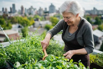 A senior woman harvesting herbs from her rooftop garden, with a sprawling urban landscape in the background.