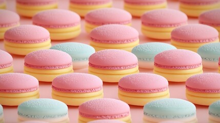 Fototapeta premium Colorful Macarons Display on Pink Background with Soft Lighting and Delicate Sugar Texture