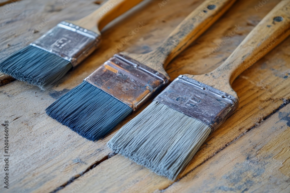 Aufkleber paint brushes resting on a wooden surface before starting a new art project in a creative workspace
