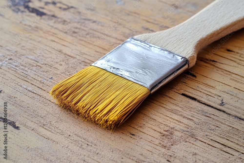 Poster close-up view of a paintbrush resting on a textured wooden surface during a home improvement project