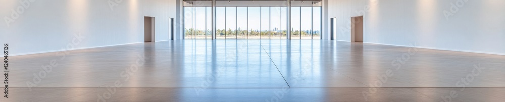 Poster minimalist exhibition hall open floor plan with floor-to-ceiling windows and polished concrete - con