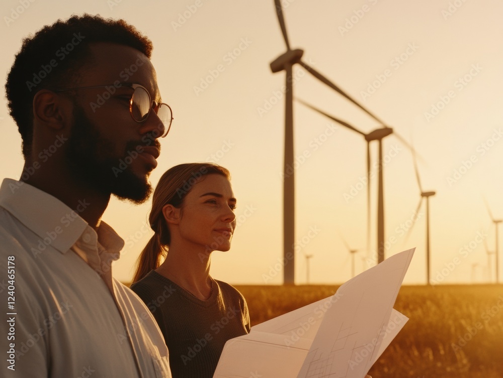 Poster contemporary sustainable engineering diverse team examining turbine blueprints in sunlit field - ren