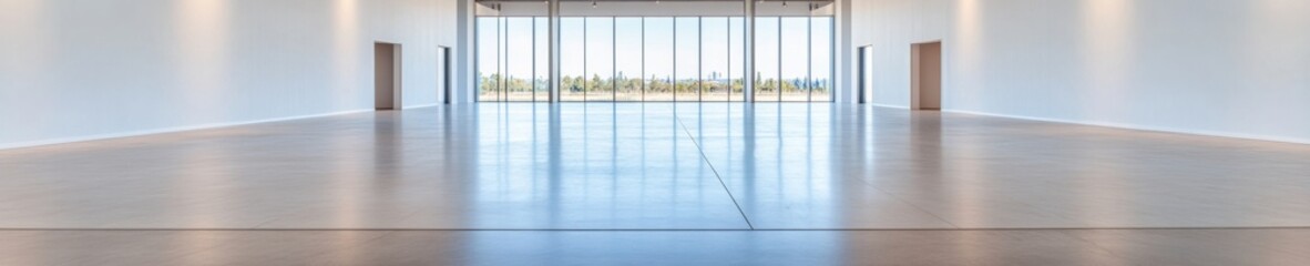 Minimalist Exhibition Hall Open Floor Plan with Floor-to-Ceiling Windows and Polished Concrete - Contemporary Trade Show Space and Networking Infrastructure