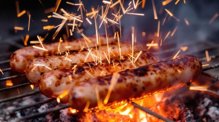 Grilled sausages sizzling over a barbecue with emitting fiery sparks, showcasing a delicious cookout. Perfect for food, summer, or outdoor cooking depictions.