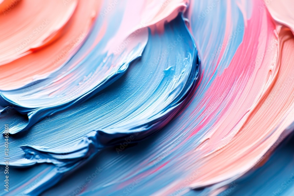 Poster vibrant swirls of paint create a colorful abstract texture on canvas in soft hues of blue, pink, and