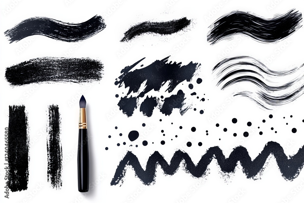 Poster various brush strokes and patterns created with black paint on a clean white surface with a brush la