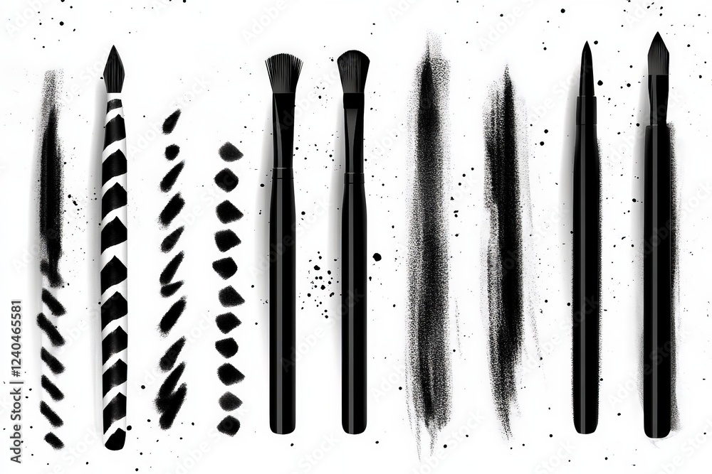 Poster different types of black paintbrushes and artistic strokes arranged on a white background for creati