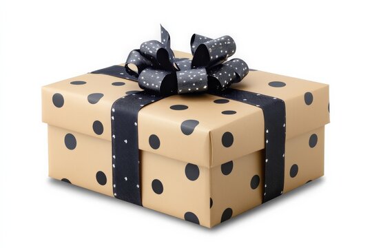 Beautifully wrapped gift box adorned with black ribbon and polka dots on a plain background for special occasions